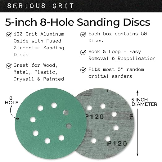 Serious Grit Sanding Discs 5 Inch 8 Hole 120 Grit - Heavy-Duty Hook & Loop Wet Dry Film Sandpaper Discs - Fine Grit Sand Paper for Random Orbital Sanders - Wood, Automotive, Metal, etc - 50 Pack Box