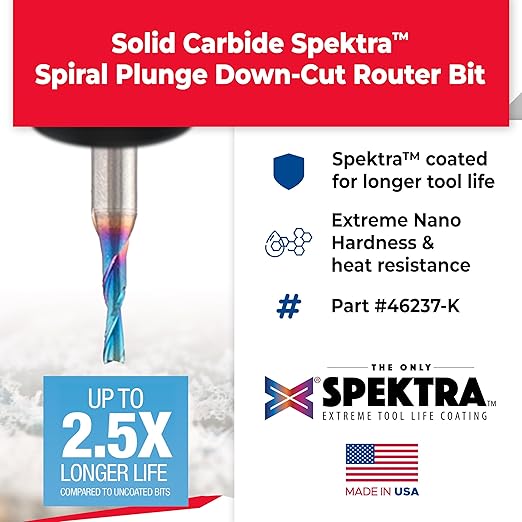 Amana Tool Solid Carbide Spektra Extreme Tool Life Spiral Plunge Router Bit Down-Cut, 46237-K, 1/16 Dia x 3/16 CH x 1/8 Inch Shank 2 Inch L