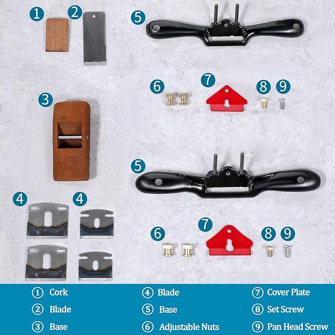 2pcs Adjustable SpokeShave with Flat Base 6pcs Metal Blade 1pcs Wood Hand Plane Home Woodworking for Wood Craft Working, Woods Craver