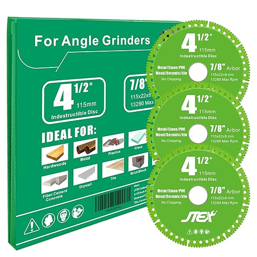 JTEX Indestructible Disc 4-1/2 Inch for Angle Grinder, 7/8" Arbor, Multi-Material Diamond Blade Cutting for Metal, Rebar, Tile, Stone, PVC Pipes (3-Pack)