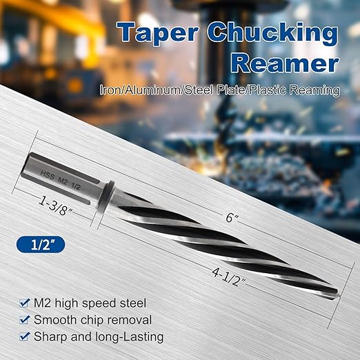 Rocaris 1/2" M2 HSS Taper Chucking Reamer Drill Bit, Taper Reamer Drill Bit for Steel, Alloy, Aluminum, Wood, Plastic