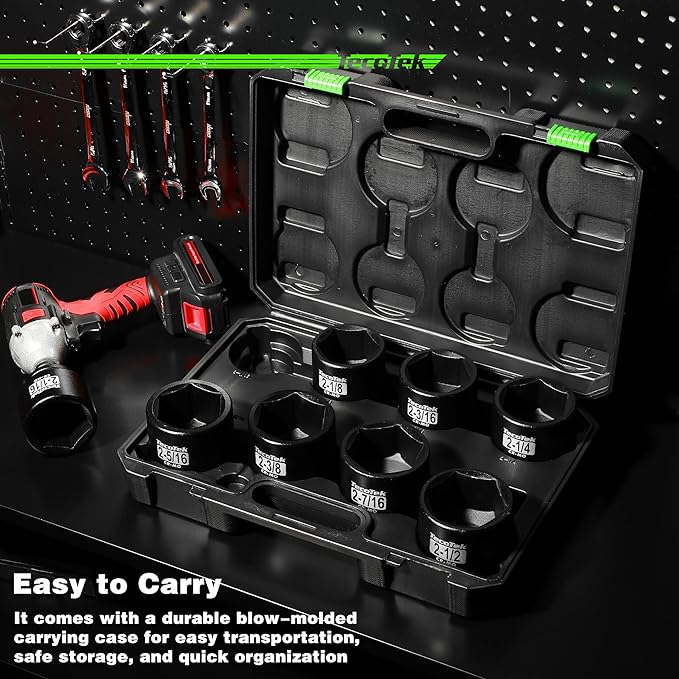 3/4" Drive 6-Point Impact Socket Set, 9-Piece Jumbo Assortment, Cr-Mo, SAE, 2-1/16 Inch to 2-1/2 Inch, 1/2" F to 3/4" M Impact Socket Adapter
