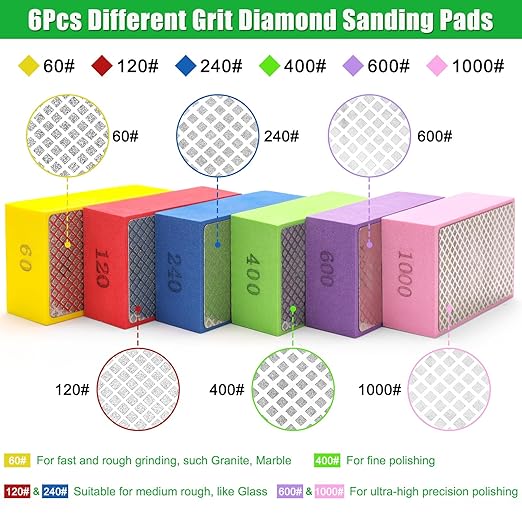 6PCS Diamond Hand Polishing Pads, Wet & Dry Diamond Sanding Pads 60#, 120#, 240#, 400#, 600#, 1000# Grit Sanding Block for Ceramic Tile Glass Wood Marble Grinding
