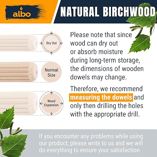 ALBO Wooden Dowel Pins 12mm x 50mm Fluted Wood Dowels Rods 100 Pack Hardwood Crafts Dowel Pegs