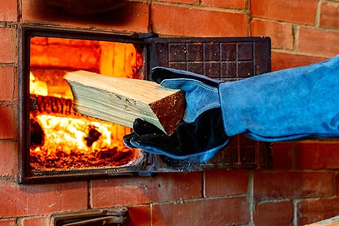 RAPICCA Fireplace Gloves Fire Heat Resistant: Grey 16IN 662?? Fireproof Leather for Fireplace Fire pit Wood stove Campfire Furnace BBQ Grill Oven Stick Mig Welding Welder Gear - Birthday Gift for men
