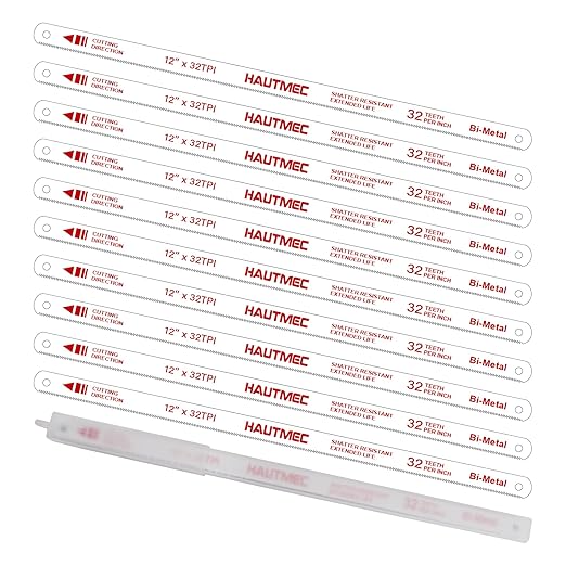 HAUTMEC 12" Hacksaw Blades 32 TPI – 10 Pack Bi-Metal Replacement Blades with High-Speed Steel Teeth and Spring Steel Body, Professional Grade, Fits Most Hacksaw Frames