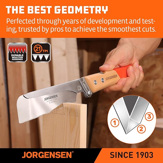 JORGENSEN Japanese Pull Saw, 6 Inch Pro Folding Dovetail Saw with Beech Wood Long handle, SK5 Steel Blade Tool-less Quick Change, 21TPI Cross Cut Woodworking Handsaw for Hardwood, Softwood