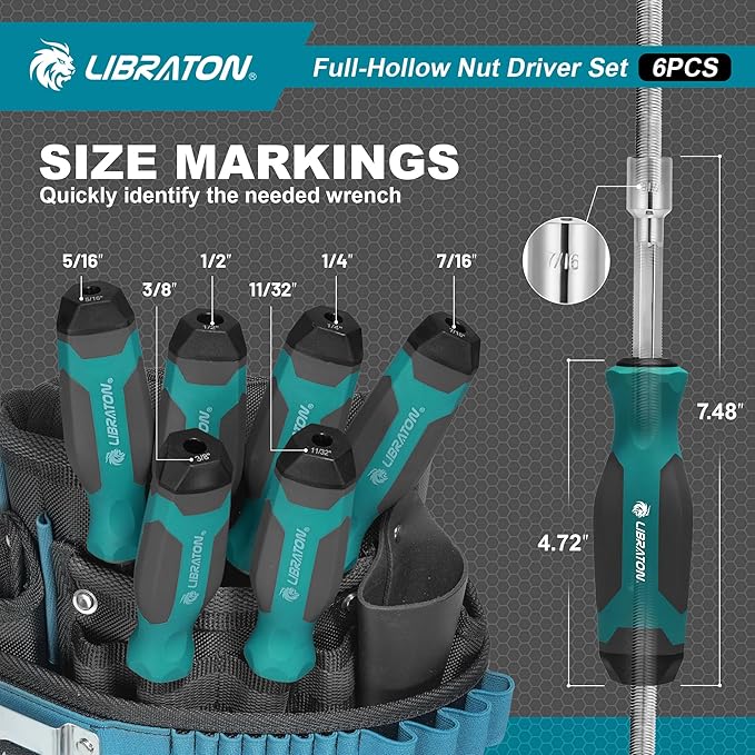 LIBRATON Full-Hollow Nut Driver Set SAE, 12-Point Magnetic Nut Drivers, Hollow Shaft for Long Bolts, 6PCS Heavy Duty Magnetic Nut Drivers with Through-Handle, 1/4, 5/16, 11/32, 3/8, 7/16, 1/2Inch