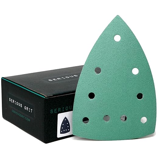 Serious Grit - 120 Grit 4" x 6" Delta (100mm x 150mm) Triangle Sanding Sheets - Fits Festool DTS 400 & Mirka DEOS Delta Sanders - Heavy-Duty Hook & Loop Film Sandpaper for Detail Sanders - 50 Pack Box