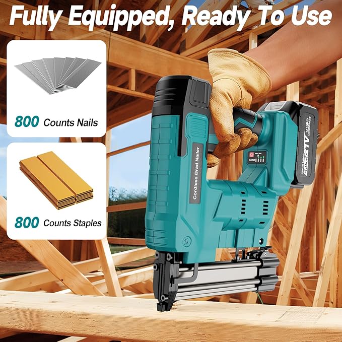 Cordless Brad Nailer, Nail Gun with 2Pcs 4.0Ah Battery, 18 Gauge 2 in 1 Electric Staple Guns Battery Powered for Upholstery & Carpentry, Include 1600Pcs Nails & Staples, Charger (Brad Nailer)