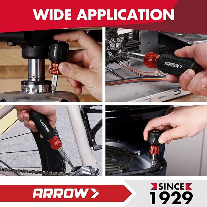ARROW 2PCS Multi-Screwdriver Set, 11-in-1 Standard/5-in-1 Stubby Multi-bit Screw Driver & Nut Driver Set, Premium S2 Steel, Comfortable Grip, with Phillips, Slotted, Torx, Square Bits and Hex Sockets
