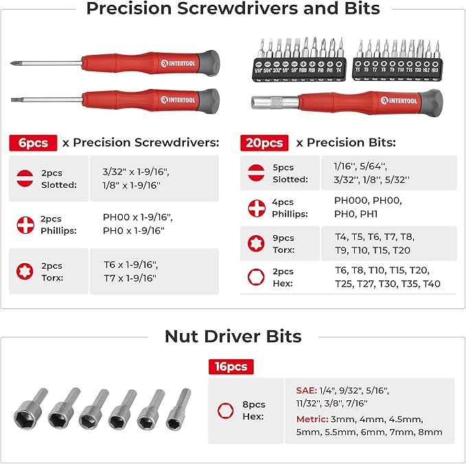 INTERTOOL 114-Piece Screwdriver Set with Mountable Rack, Magnetic Tips, Swivel-End Precision Screwdrivers, Bits, Nut Drivers, Hex Keys, DIY, Tool Gift VT08-3372