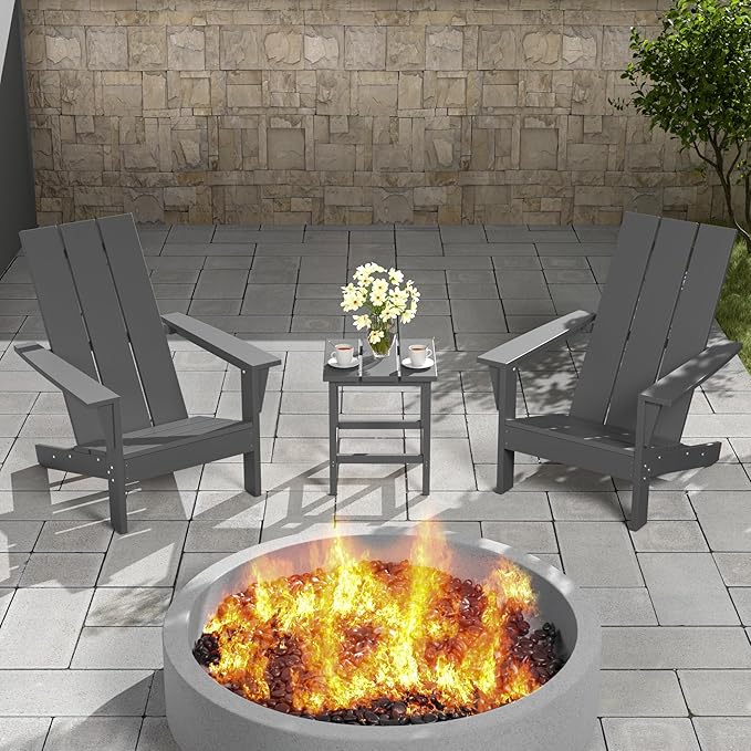 3 Pieces Adirondack Chair Set Outdoor Adirondack Chair Plastic HDPE All-Weather Adirondack Chairs Outdoor Fire Pit Chairs with Table for Deck Patio Garden（Grey）
