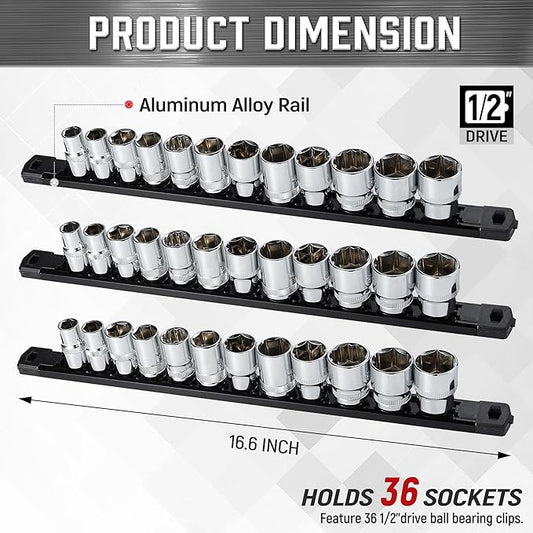 ALOANES 3-Piece Magnetic Socket Organizer, Heavy Duty Aluminum Socket Rails Organizer, 360째 Swivel Clips Socket Rail Set For Sockets Storage, 1/4-Inch Socket Holder x 42 Clips (Black)