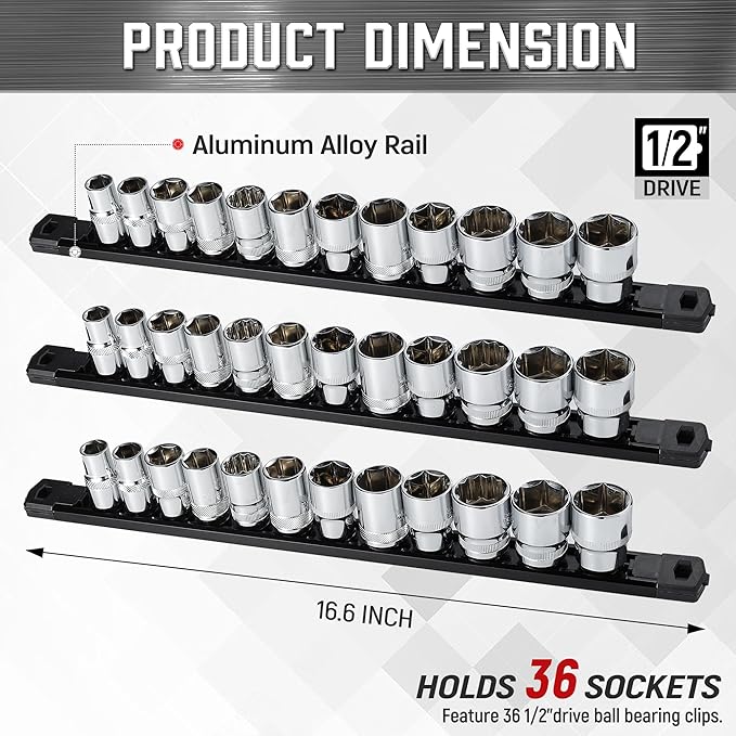 ALOANES 3-Piece Magnetic Socket Organizer, Heavy Duty Aluminum Socket Rails Organizer, 360째 Swivel Clips Socket Rail Set For Sockets Storage, 1/2-Inch Socket Holder x 36 Clips (Black)