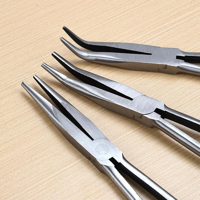 3-Piece 11" Precision Long Nose Pliers Set with Insulated Comfort Grip Handles,Straight Long Needle Nose Pliers,25/45 Degree Angle Curved Pliers for Wire Bending,Shaping,Trimming