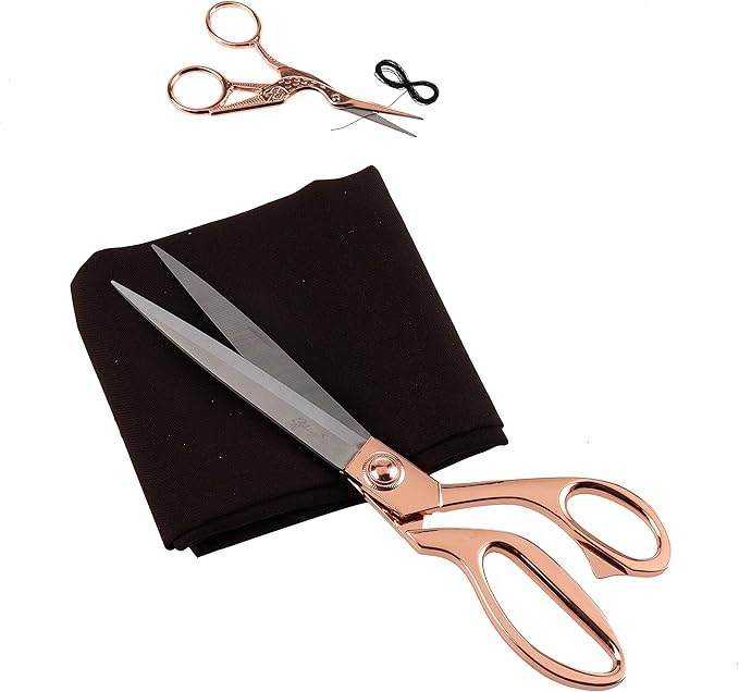eZthings짰 10" + 4.5" Sewing Shears + Embroidery Stork Scissors Titanium Stainless Steel Ultra Sharp Tailor Dressmaker's Set for Cutting Fabric, Canvas, Denim (10 Inch + 4.5" Set Rose Gold)