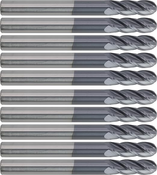 CME 10 pcs Micrograin Carbide End Mills, Ball Nose, TiAlN Coated, 1/4" Mill Diameter, 3/4" Length of Cut, 2 1/2" Overall Length, 4 Flute, Center Cutting