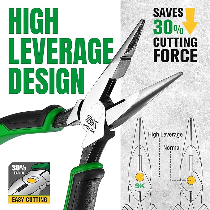SK 8-Inch Long Nose Pliers, Needle Nose Pliers, High Carbon Steel, Ergonomic Anti-slip Handle for Comfortable Grip