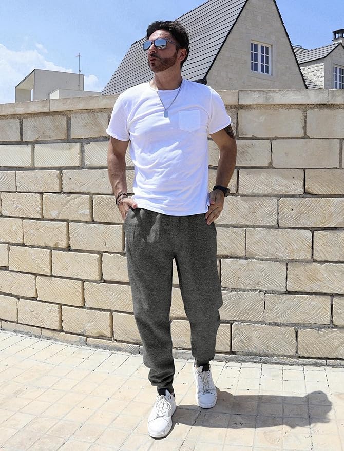 PINSPARK Men's Fleece Joggers with Zipper Pockets Tapered Sweatpants Cotton Sweat Pants for Mens Heavyweight Lounge Pants