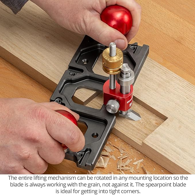 Woodpeckers Router Plane, Precision Woodworking Tool for Joinery, 3 Mount Positions, Zero-Backlash Thumbwheel, Spear & Straight Blades, Ductile Iron Base - WRP