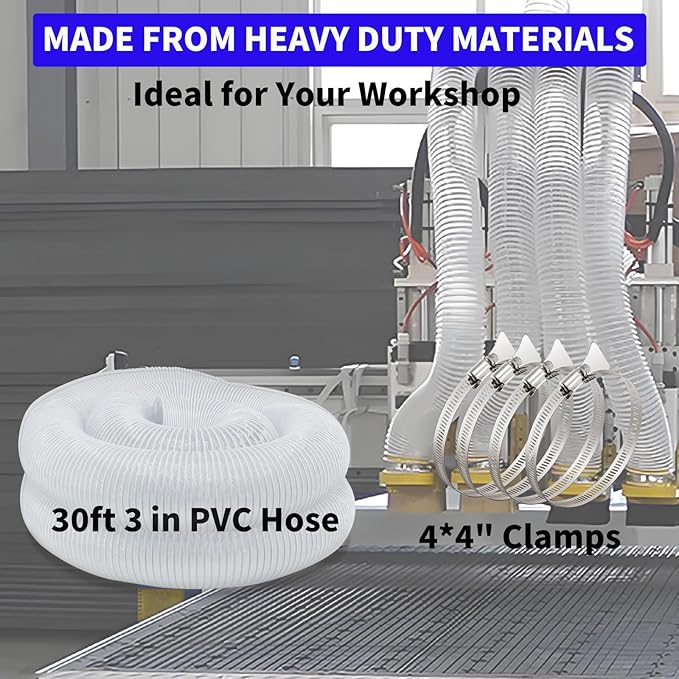 JUYO VONSAN 3 inch Dust Collection Hose 30ft 3??Flex Heavy Duty Clear PVC Debris Dust Collector Hose With Clamps (3'' X 30ft)
