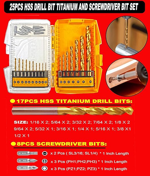 25PCS HSS Drill Bit Set Titanium Coated and Screwdriver Bits Drill Steel Metal Iron