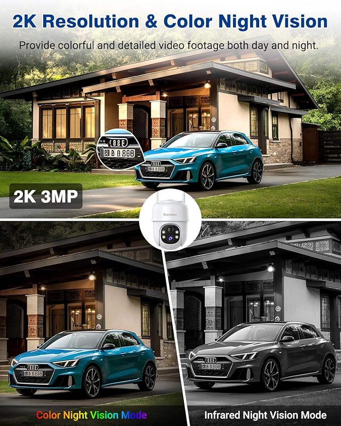 Septekon 360째PTZ Security Cameras Wireless Outdoor 2 Pack, 2K Solar Battery Powered Cameras, 2.4G WiFi Camera with Spotlight, Motion Detection, Siren, Color Night Vision, IP66, White