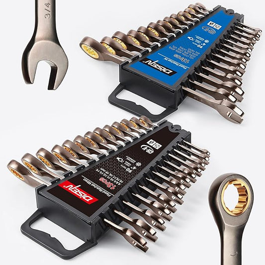 DISEN 26 Piece Ratcheting Wrenches Set 90 Teeth, Combination Wrenches Set Metric 6MM-19MM and SAE 1/4 Inch-13/16 Inch, Cr-V Steel, Ratchet Set Nickel Plating with Organizer Visit the Store