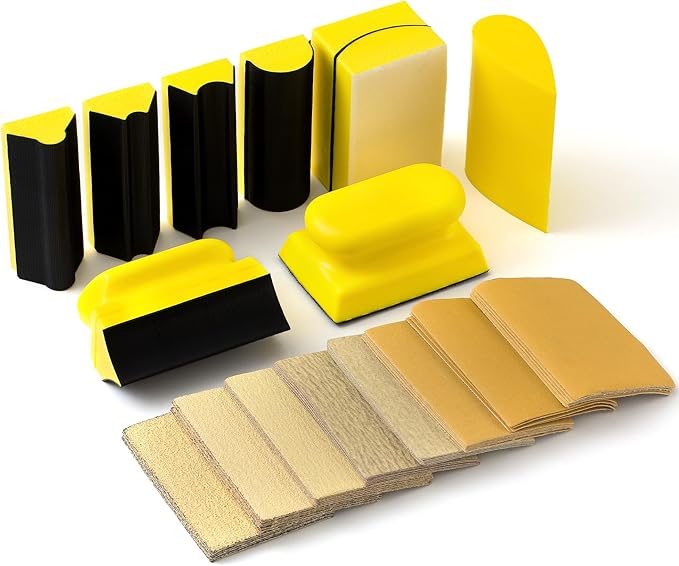 49 PCS Hand Sanding Block Set Include 9 PCS Hand Sanding Block with 40 Sheet Sandpaper Interchangeable Assorted Convex & Concave Shapes Used for Woodworking Furniture Auto Paint