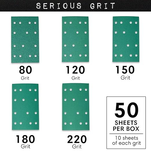 Serious Grit - 3" x 5" (80mm x 133mm) 14-Hole Sanding Sheet Assortment - 80, 120, 150, 180, 220 Grit (10 of Each) - Fits Festool RTS 400 & Mirka Deos 353 - Hook & Loop Sandpaper - 50 Pack Box