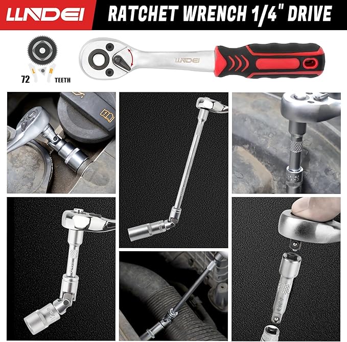 LLNDEI 106PCS 1/4-inch Drive Socket Set with Wrench, CR-V Steel Kit, Ratchet Handle, Screwdriver Bit Set & Magnetic Pickup Tool, With 11x8x2.5-inch Carrying Case