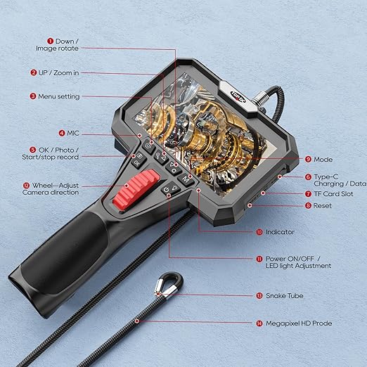 TOPDC Two-Way Articulating Borescope Camera with Light, Industrial Endoscope with 0.24in Articulating Snake Camera, 1920P HD Video Inspection Scope for Automotive & Aircraft Mechanics, 6.5ft