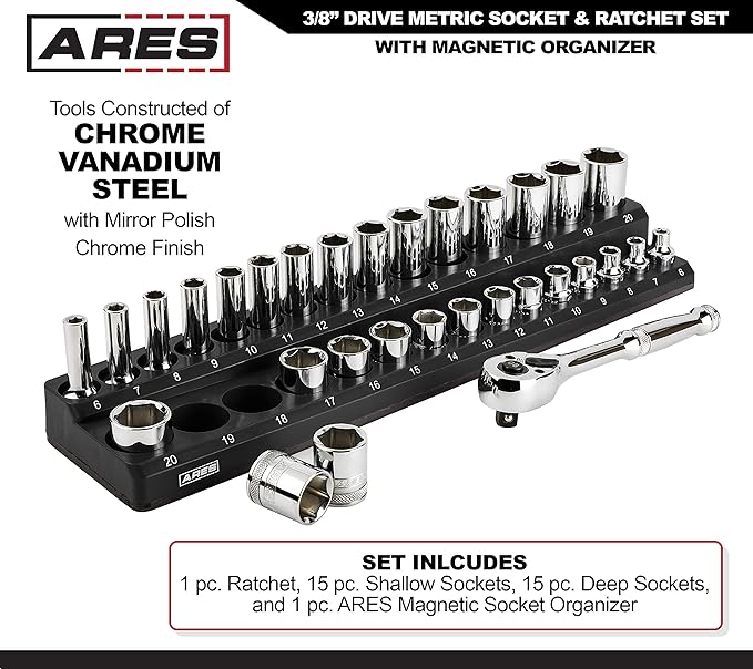 ARES 47004-32-Piece 3/8-inch Drive Metric Socket and 90-Tooth Ratchet Set with Magnetic Organizer - Sizes 6mm to 20mm Deep and Shallow Sockets