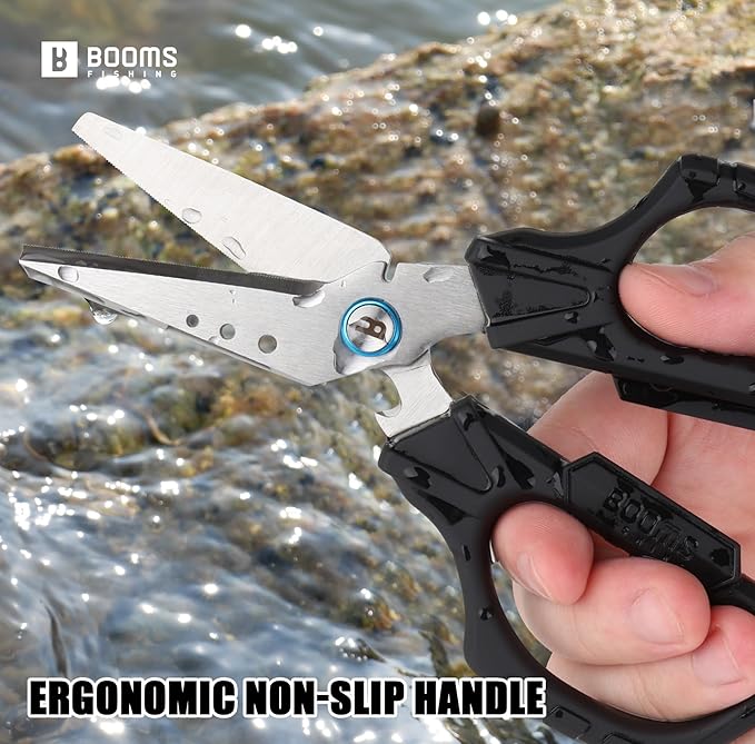 Booms Fishing Braided Line Cutter: 6.3in Multifunction Fishing Scissors with Lanyard and Sheath - Fishing Shears with Serrated Blades and Side Wire Cutter, S04