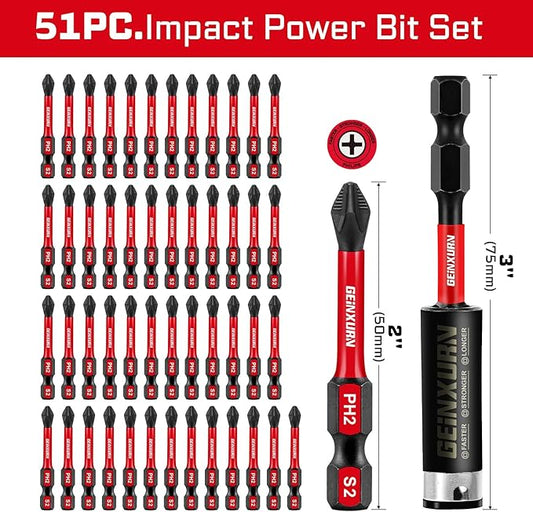 51Pack PH2 2 Inches Impact Tough Anti-Slip Screwdriver Bits, #2 Phillips 1/4 Inch Hex Shank Magnetic Tips Cross Screwdriver Bits Set with 1Pcs Impact Bit Holder,Bulk