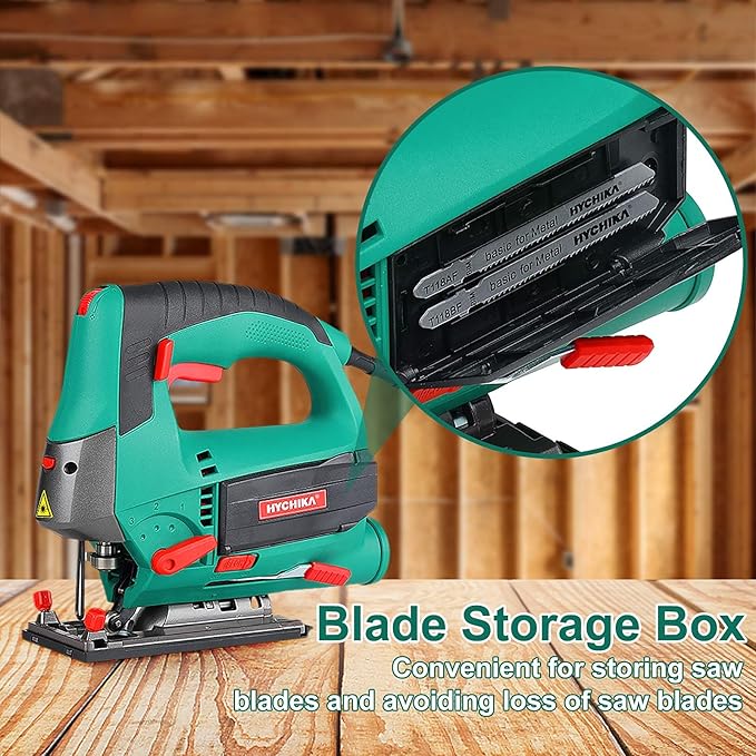 HYCHIKA Jig saw, 6.7A Jig Saw 800-3000SPM with 6 Variable Speeds, 4 Orbital Sets, Bevel Angle 45°, 6PCS Blades, Pure Copper Motor, Laser Guide, Wood Metal Plastic Cutting