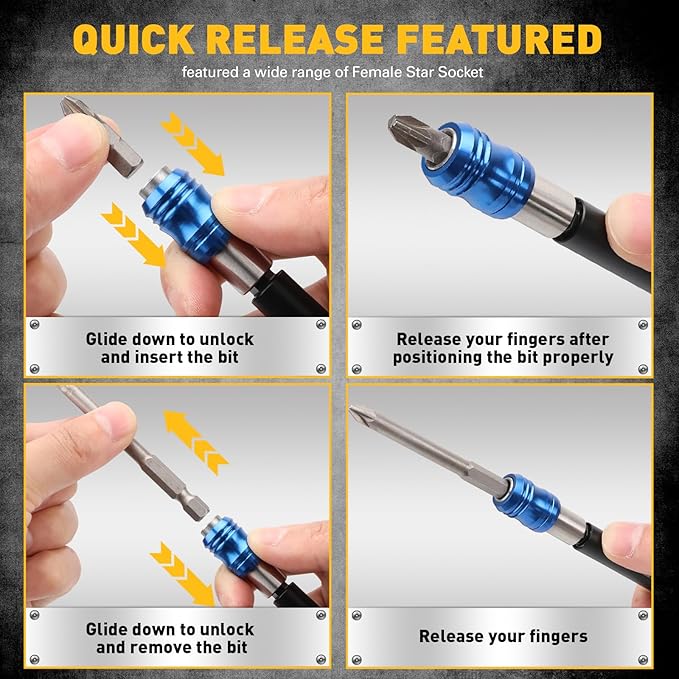 3-Piece 1/4" Quick Change Drill Bit Holder, 4-inch Hex Shank Bit Extension Set, CR-V Steel Quick-release Screwdriver Bits Holder with Storage Base