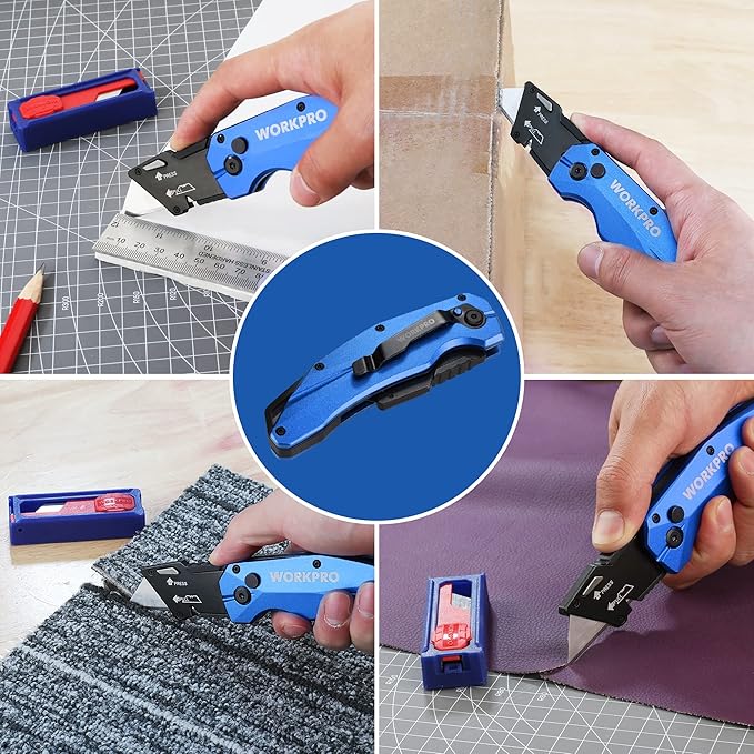 WORKPRO Folding Utility Knife, Heavy Duty Metal, Quick Open Botton Lock Box Cutter, Quick Change Blade Razor Knife, 1PC with 10 Extra SK5 Blades