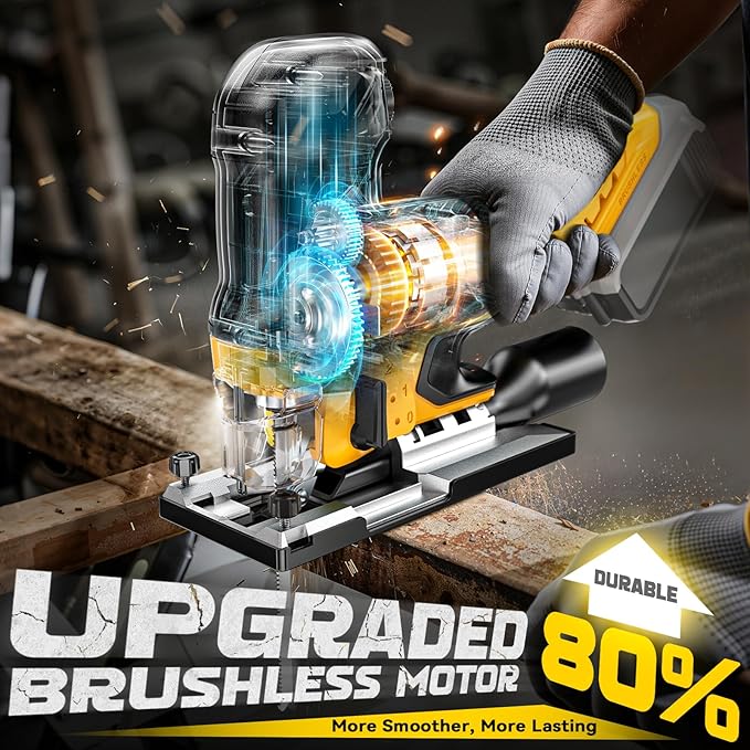 Ecarke Cordless&Brushless Jig Saw Compatible With Dewalt MAX 20V(Only Tool), 3800RPM, 7 Speeds Dial Control, Free-Tool ±45° Bevel Cuts, 4 Orbital Action, Dust Blows and 6 Blades For Cutting
