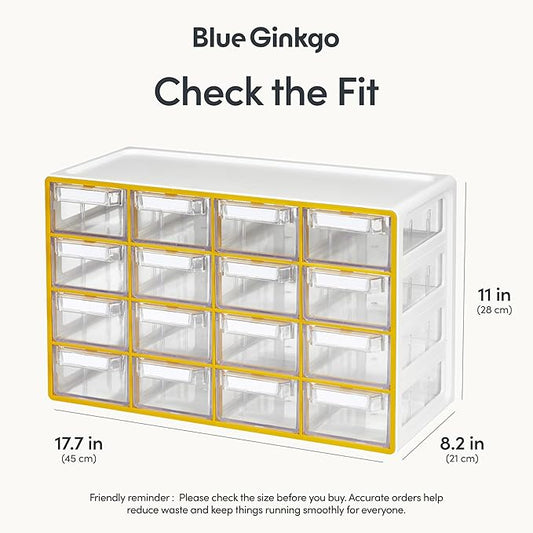 Blue Ginkgo Medium 16-Drawer Cabinet ??Stackable Clear Organizer for Hardware, Beads, Plastic Bricks, Office, and Craft Storage (Made in Korea, Yellow)