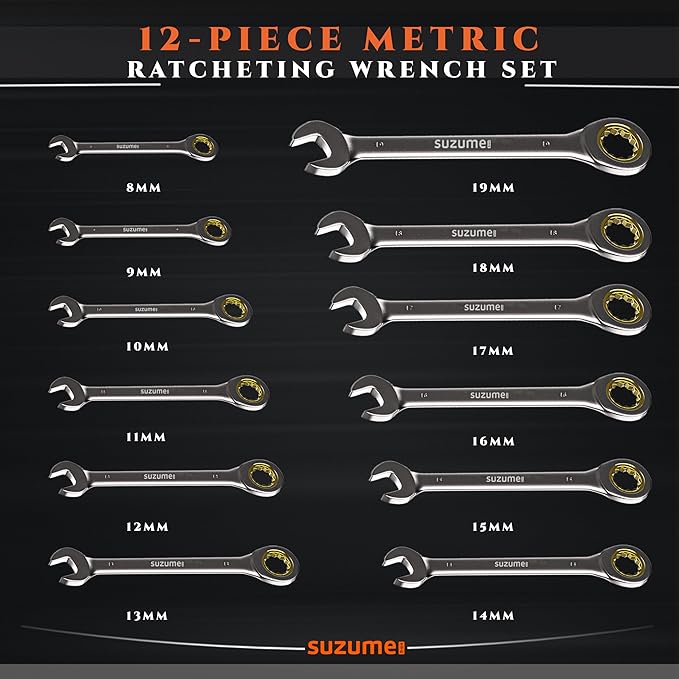 SUZUME 12-Piece Metric Ratcheting Wrench Set (8-19mm) 72T Cr-V 15K+ Cycle Locked Gears Nickel Plated & Organizer for Tight Engine Bays Auto Truck Motorcycle Bike Repair