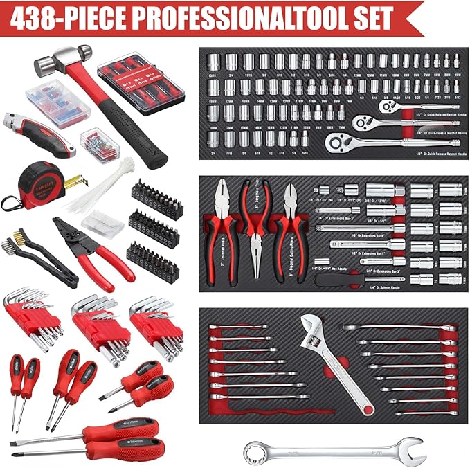 ARUCMIN 438-Piece Mechanics Tool Set with 3-Drawer Heavy Duty Metal Box Repair Tool Kit -02