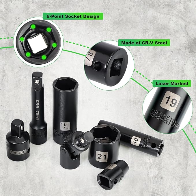 3/8" Drive Impact Socket Set, 50 Piece Standard SAE (5/16 to 3/4 inch) and Metric (8-22mm) 6 Point, Extension Bars, Impact Universal Joint, Adapter, Cr-V Steel
