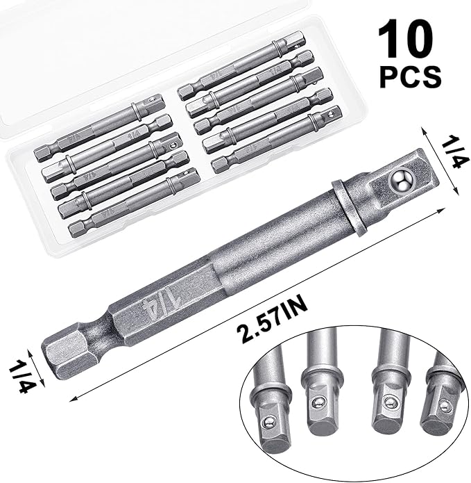 Impact Adapter Square Socket for Drills Extension Driver Bits Hex Impact Socket Adapter for Automotive DIY(1/4 Inch Square Tip,Silver)