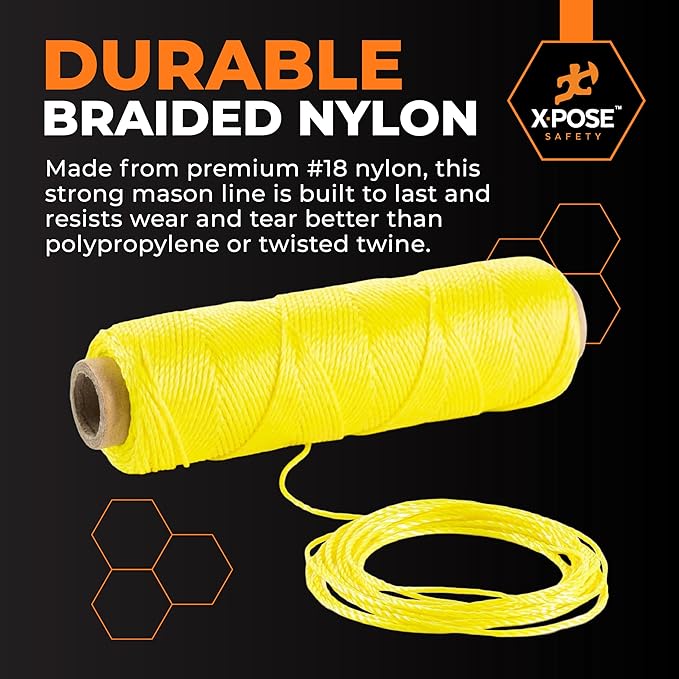 Xpose Safety Yellow Mason Line String ??#18 Braided Nylon Twine ??275 Ft Durable Construction Line for Masonry Tools, String Level, Landscaping, and Gardening Pack of 2