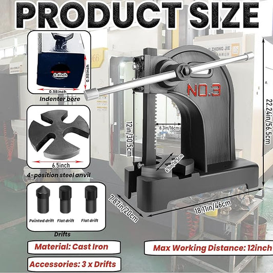 3 Ton Manual Arbor Press with 3 Drift, 12" Maximum Height Cast Iron Hand Press, Manual Desktop Arbor Press, Bench Press for Stretching Deforming Stamping Bending (Black, 3 TON)