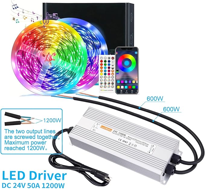 LED Driver 24V1200W Waterproof Power Supply AC 90-130V to DC 24V50A Low-Voltage Transformer IP67 Rated Converter Suitable for High-Power LED Lighting and Any 24V DC Equipment