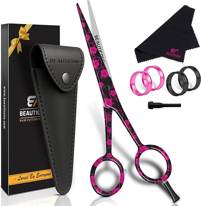 BEAUTICONE 짰 Hair Cutting Scissors - High Carbon SS 6.5" Professional Barber-Grade Salon Shears with Serrated & Razor Edge - Black Premium Gift Box with Leather Pouch & Extra Accs - Ultra Lightweight