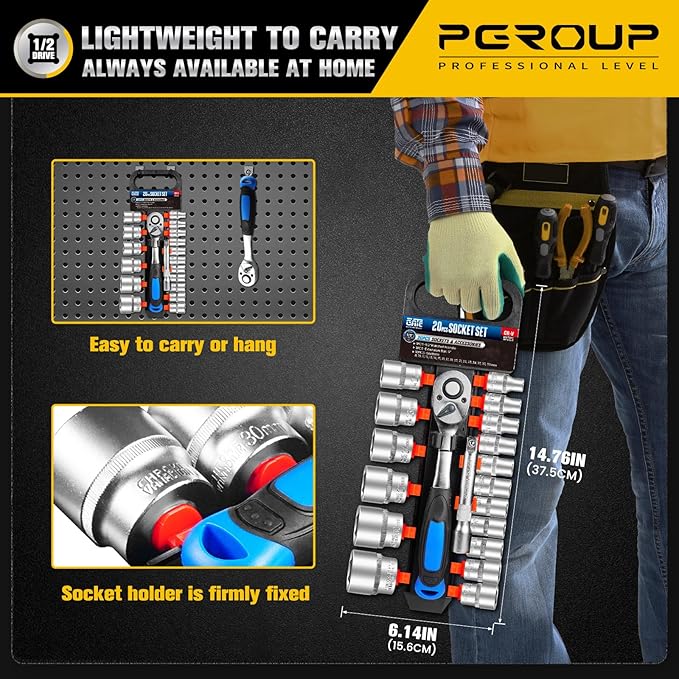 20 PCS 1/2" Drive Metric Socket Wrench Set,90-Tooth Reversible Ratchet Handle竊? Point Shallow Sockets (8-32mm) and Extension Bar 5", CR-V Steel, Car Repair Set